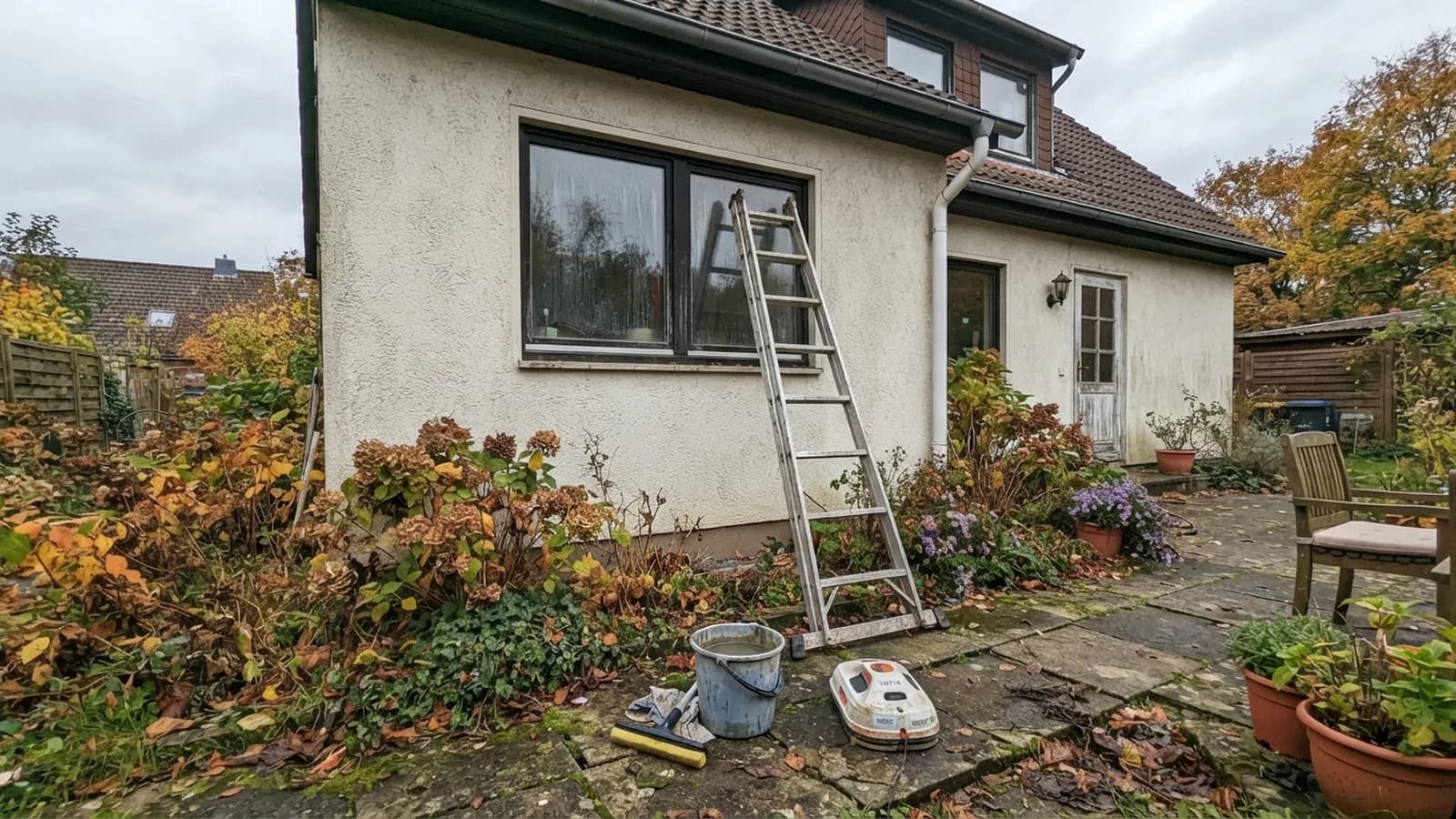 Eine Aluleiter lehnt unter einem Fenster im ersten Stock an der Hauswand, daneben ein Eimer mit Abzieher auf der Terrasse