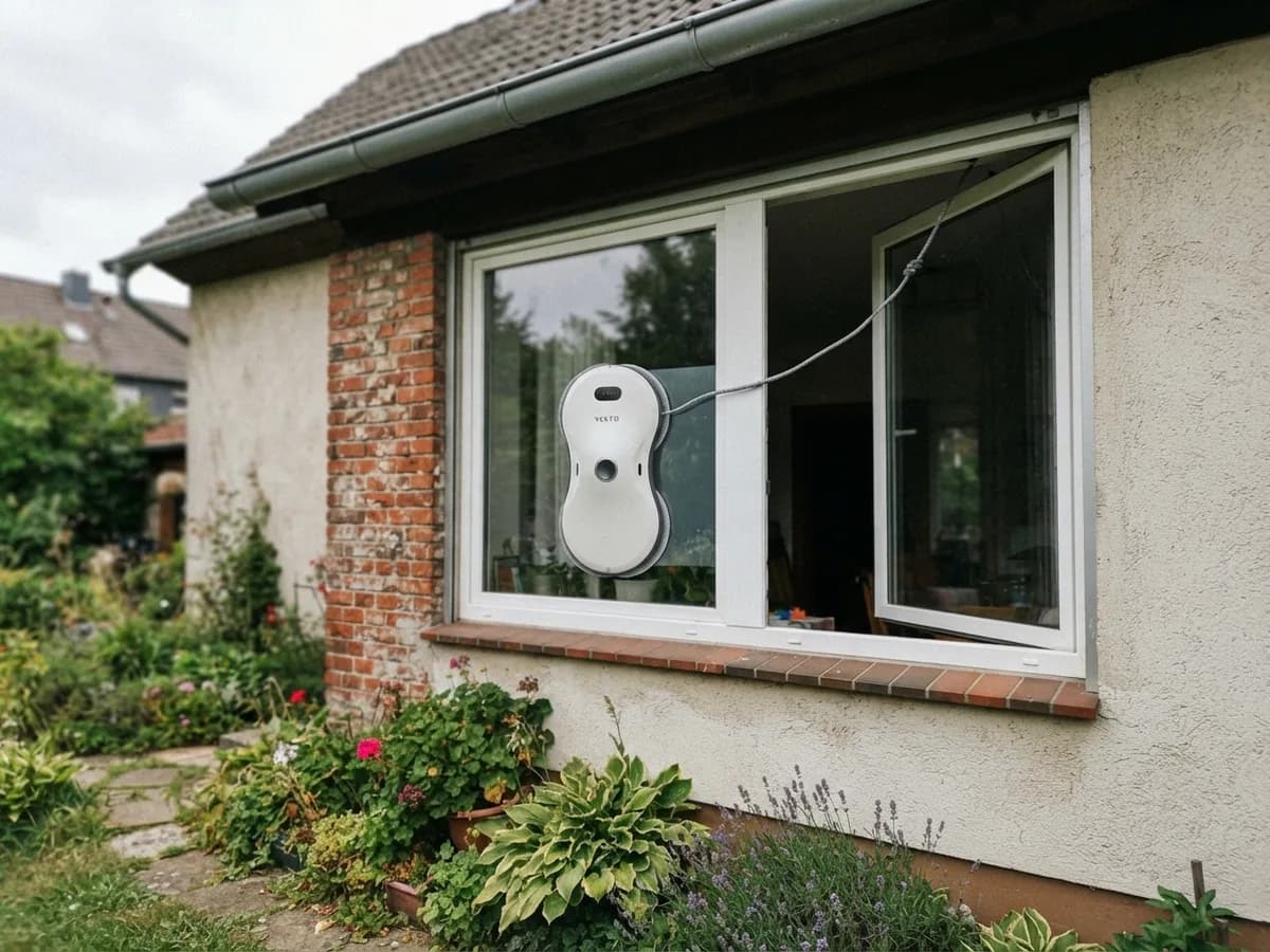 Der Vekto Fensterputzroboter putzt die Außenseite eines Fensters, das Sicherungsseil läuft über das offene Fenster daneben ins Haus