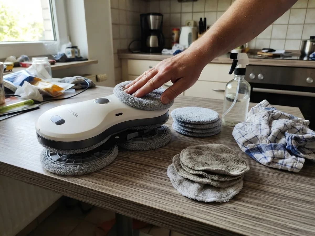 Ein Vekto Fensterputzroboter liegt umgedreht auf einem Küchentisch, eine Hand drückt ein frisches graues Pad auf, daneben eine Reihe benutzter Pads