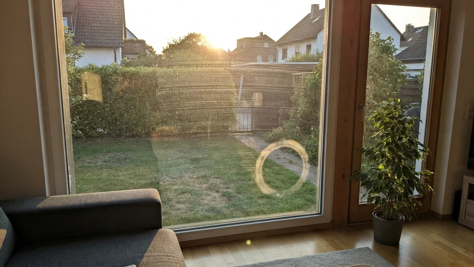Eine bodentiefe Terrassentür im Gegenlicht der Abendsonne, auf dem Glas sieht man waagerechte Streifen und einen runden Abdruck