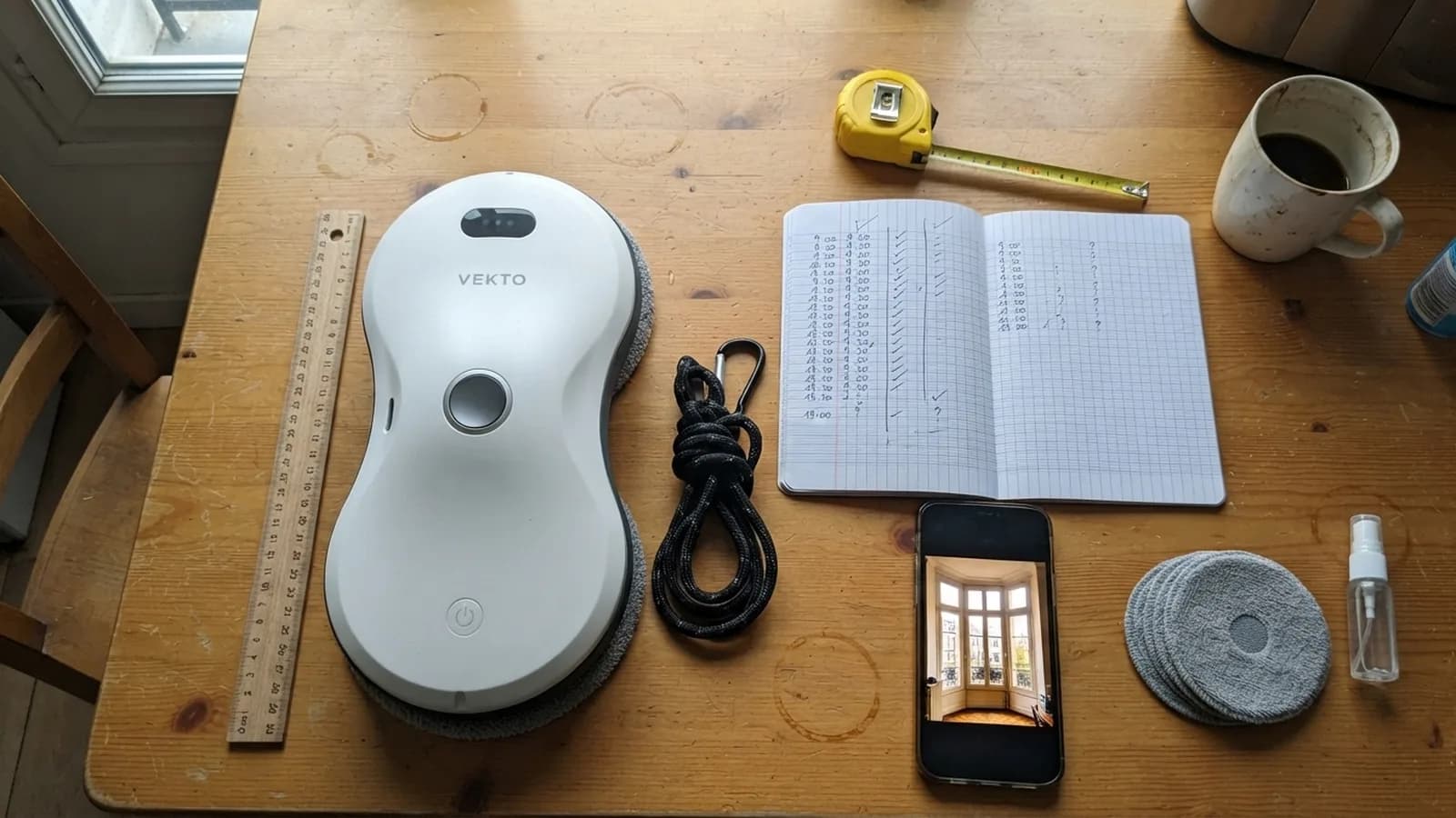 Un cahier à carreaux avec des temps et des coches, un mètre ruban, des lingettes, un flacon et le robot lave-vitre Vekto avec sa corde sur une table