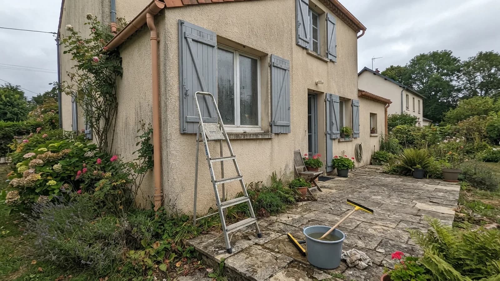 Une échelle en aluminium posée contre le mur d'une maison sous une fenêtre de l'étage, un seau et une raclette sur la terrasse