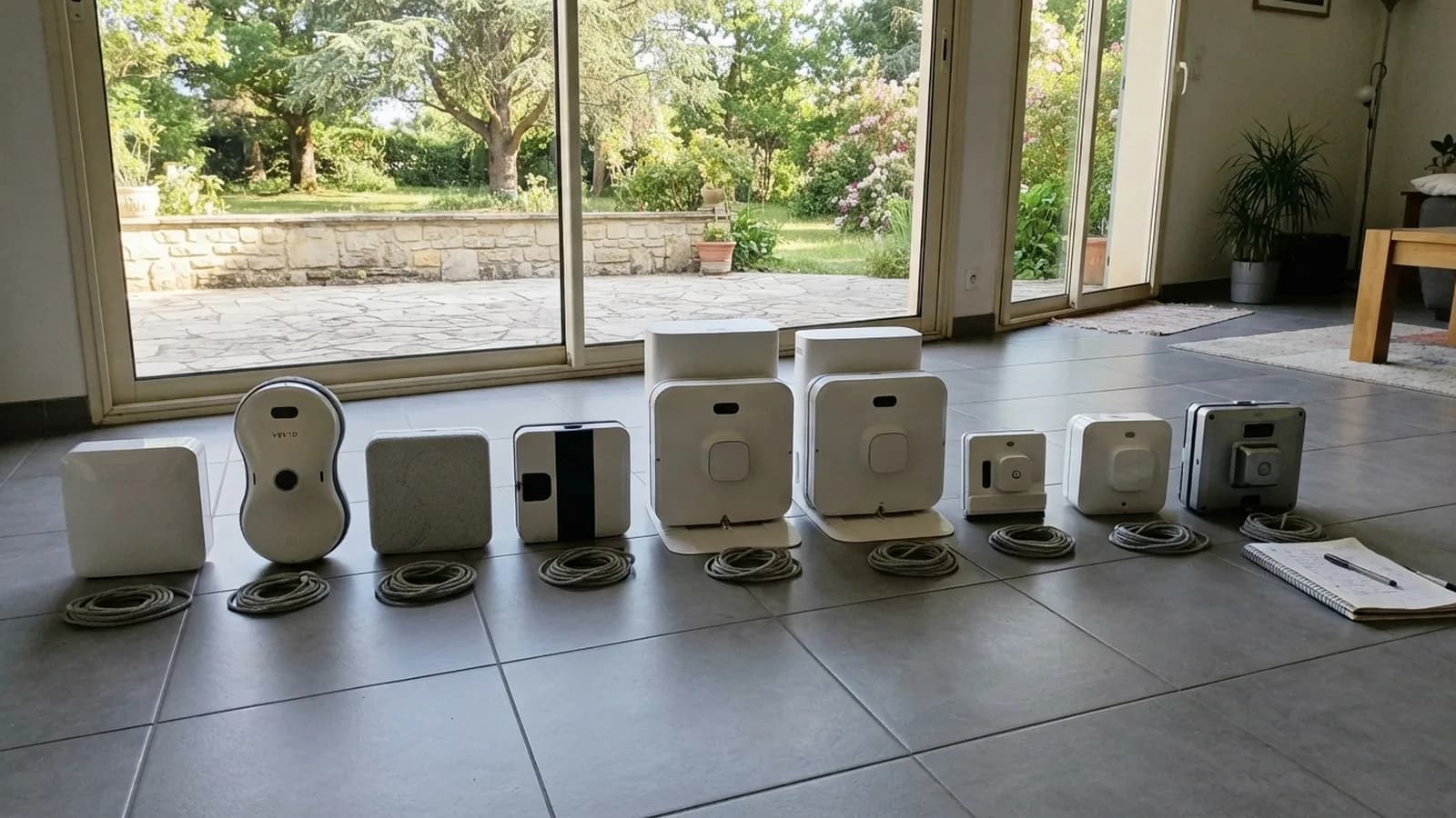 Neuf robots lave-vitre alignés sur un carrelage devant une grande baie vitrée coulissante, le robot lave-vitre Vekto en deuxième position