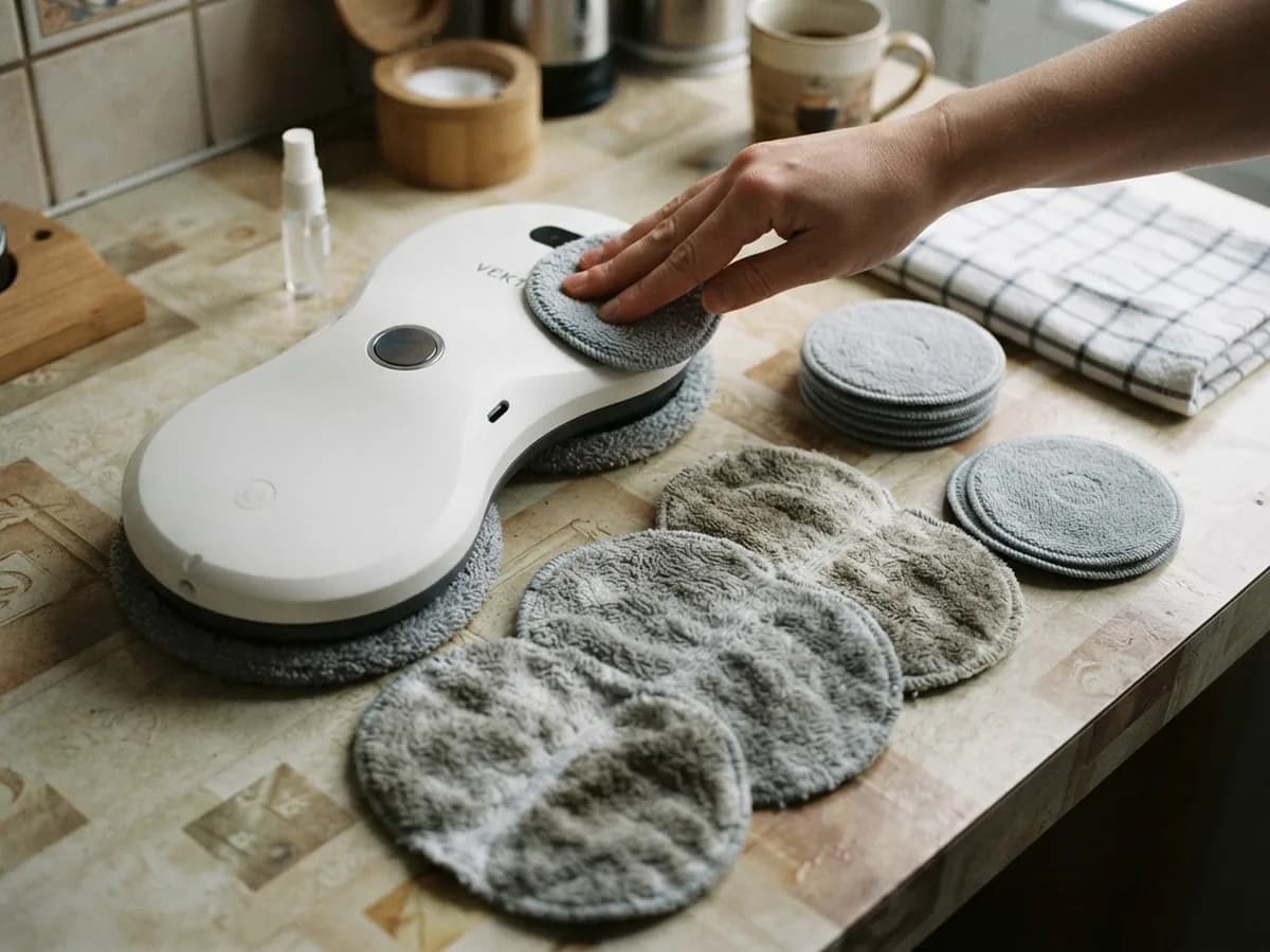 Un robot lave-vitre Vekto retourné sur une table de cuisine, une main pose une lingette grise propre, à côté une rangée de lingettes sales