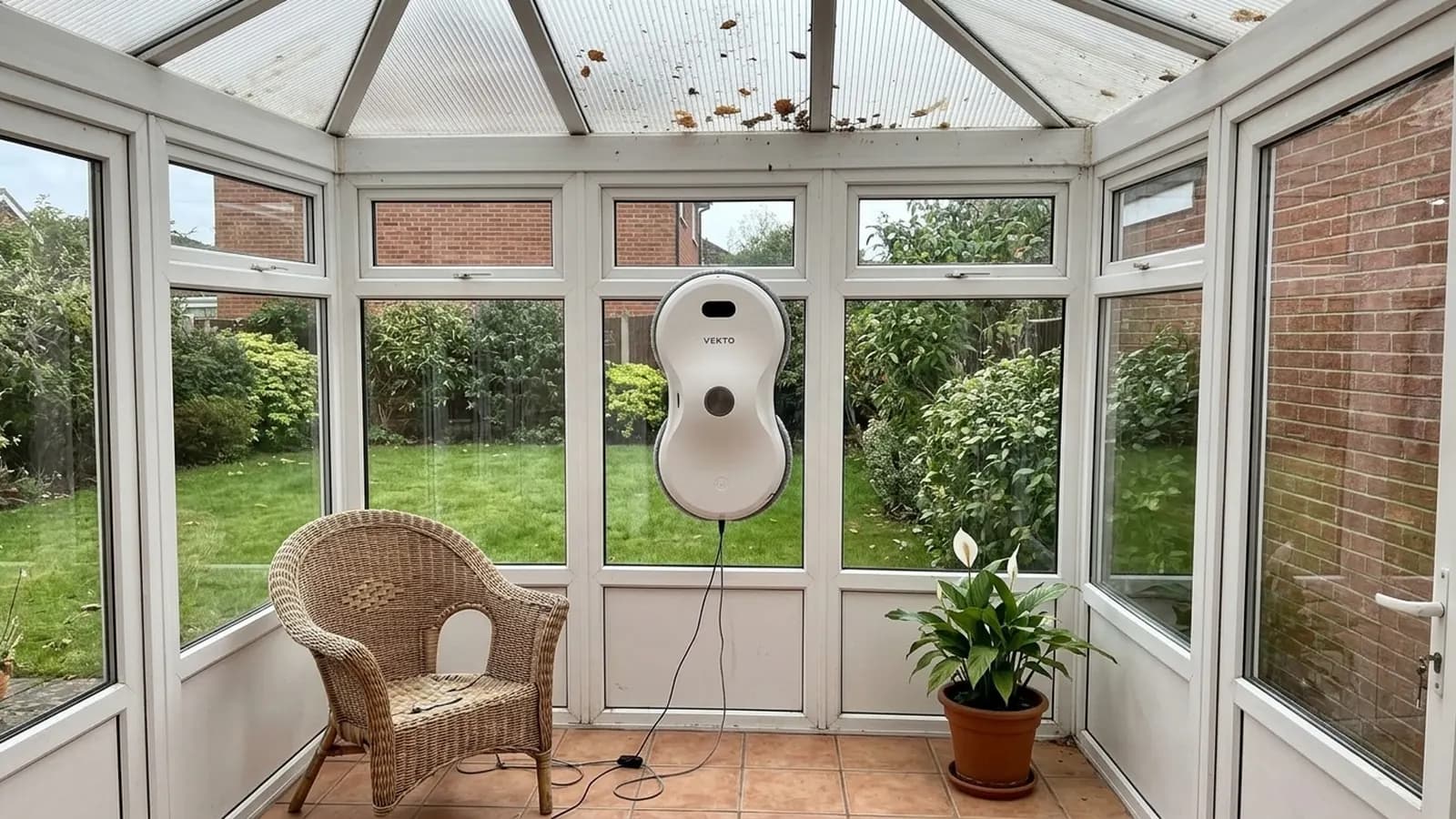 The Vekto Window Robot cleaning an upright side panel of a white uPVC conservatory, the sloping roof above it still dirty with leaves