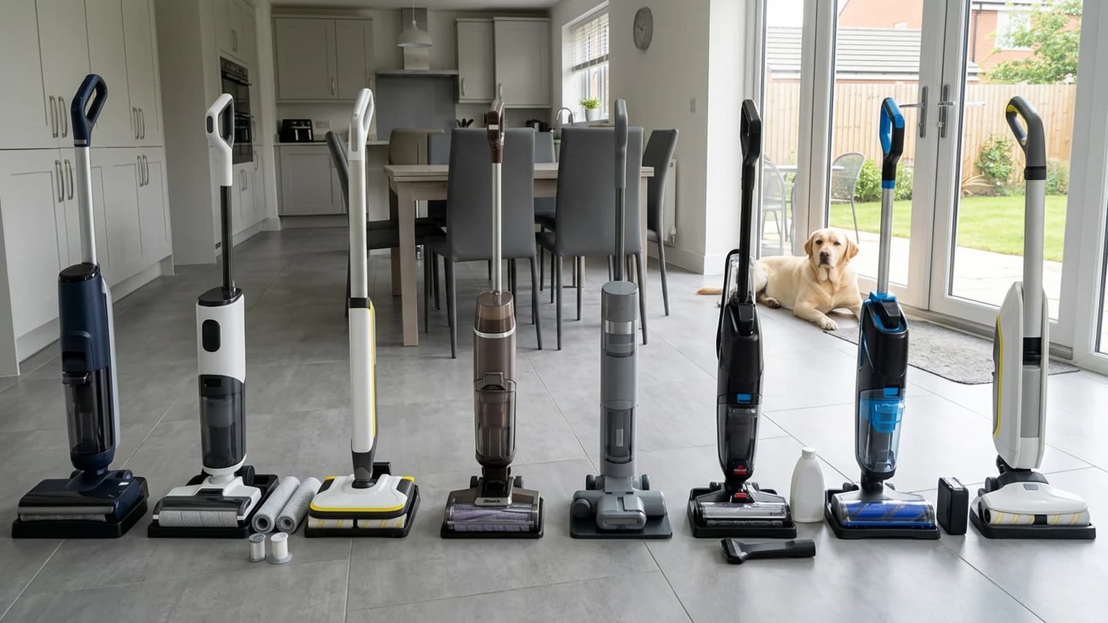 Eight cordless wet and dry floor washers on their docks in a row across a tiled kitchen-diner, the Vekto Floor Washer F40 second from left, a labrador by the patio door
