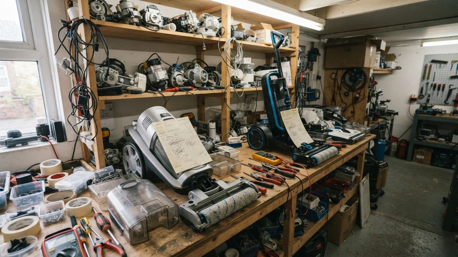The bench of a small appliance repair workshop with two cordless floor washers opened up, their roller housings and tanks laid out, a handwritten job ticket on each