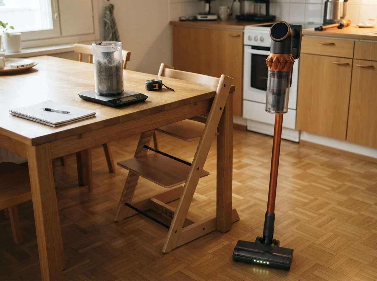 Keittiön pöydällä lasipurkki täynnä pölyä, koirankarvaa ja hiekkaa keittiövaa'an päällä, vieressä vihko, kynä ja mittanauha, ja Vekto V18 Varsi-imuri seisoo itsestään parketilla syöttötuolin vieressä