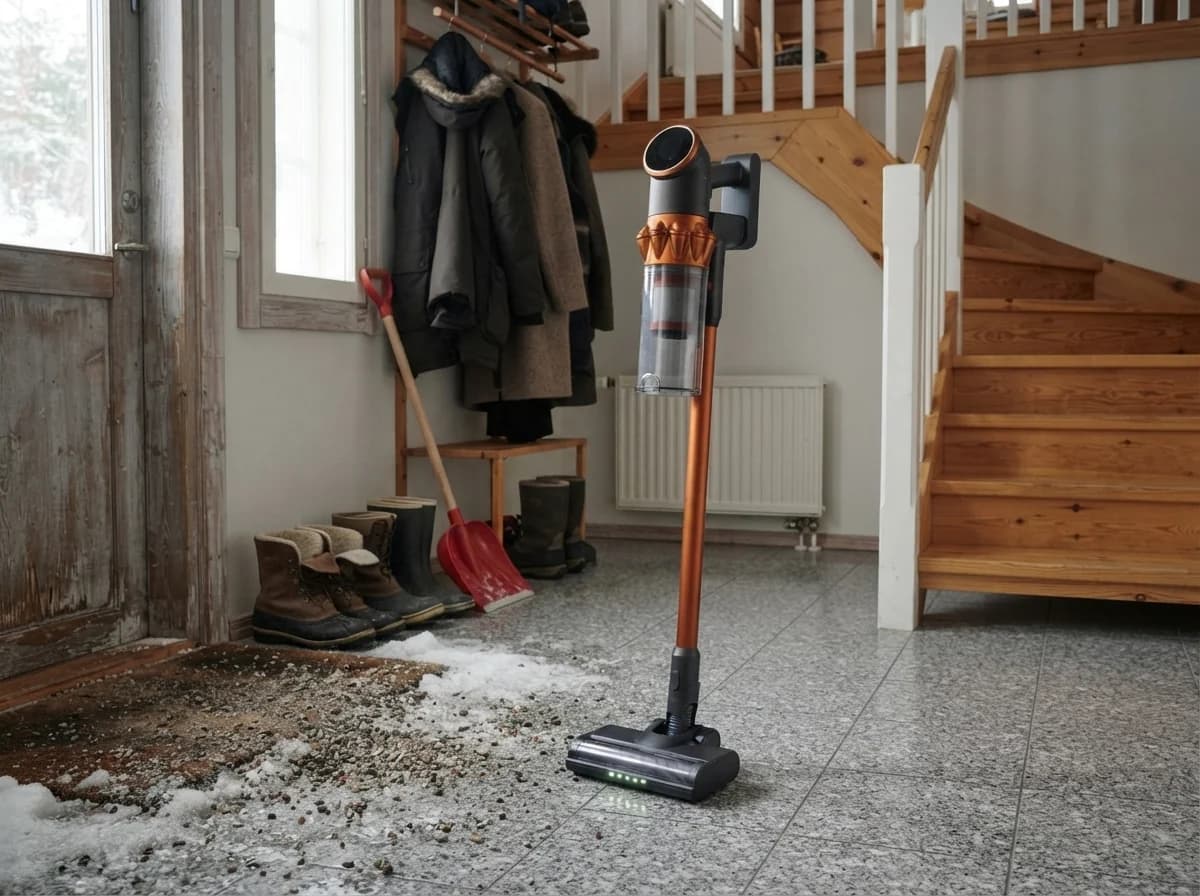 Vekto V18 Varsi-imuri seisoo itsestään klinkkerilattialla eteisessä, kuramatolla sepeliä ja sulavaa lunta, talvikengät ja lumilapio oven vieressä, suulakkeen valot päällä ja taustalla puuportaat yläkertaan