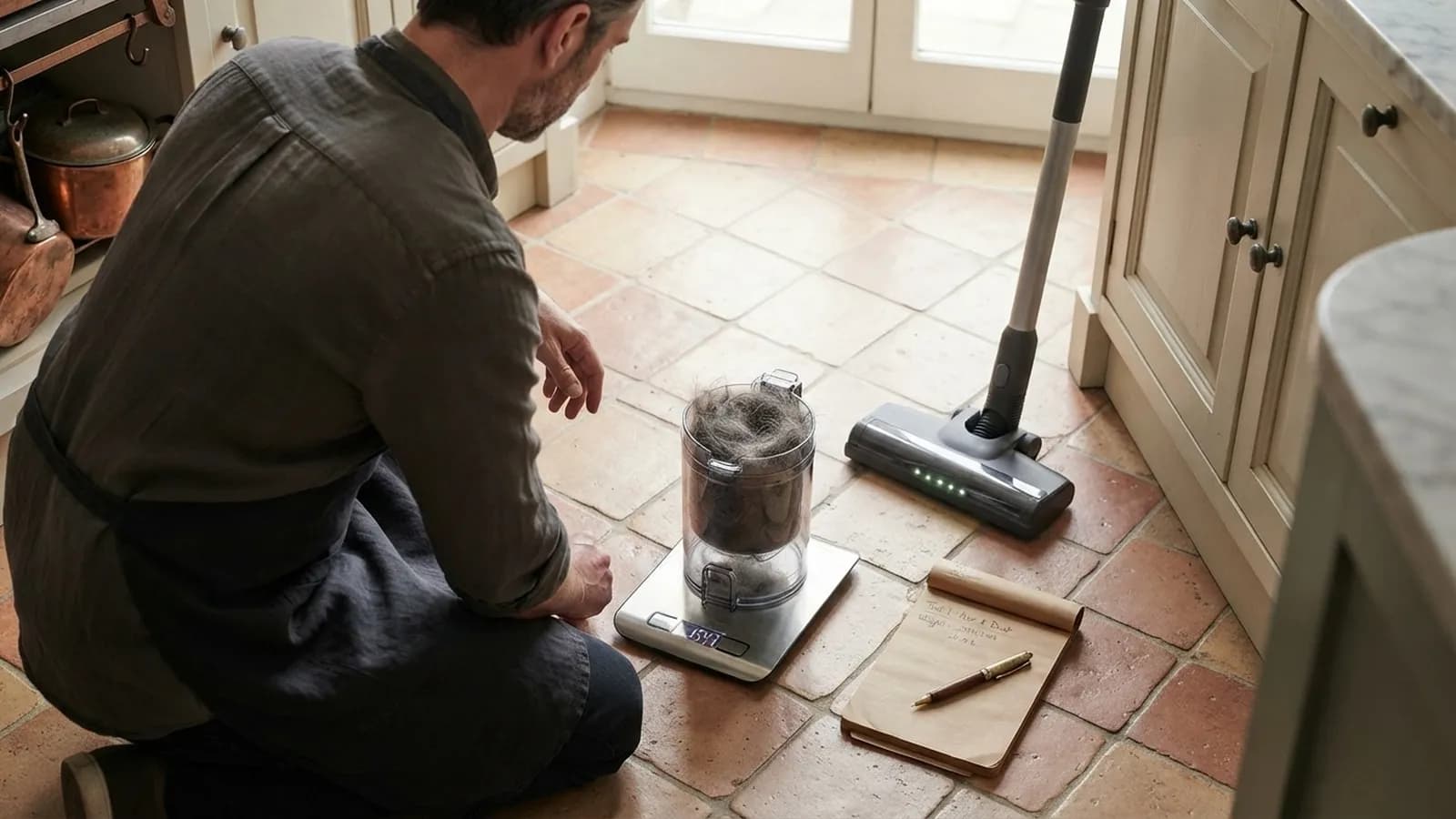 Un testeur à genoux sur un carrelage de cuisine pèse un bac de poussière sur une balance, le Vekto Stick debout à côté