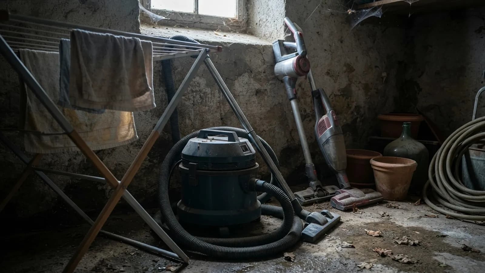 Un vieux traîneau poussé au fond d'une cave, avec deux balais sans fil abandonnés dans le coin