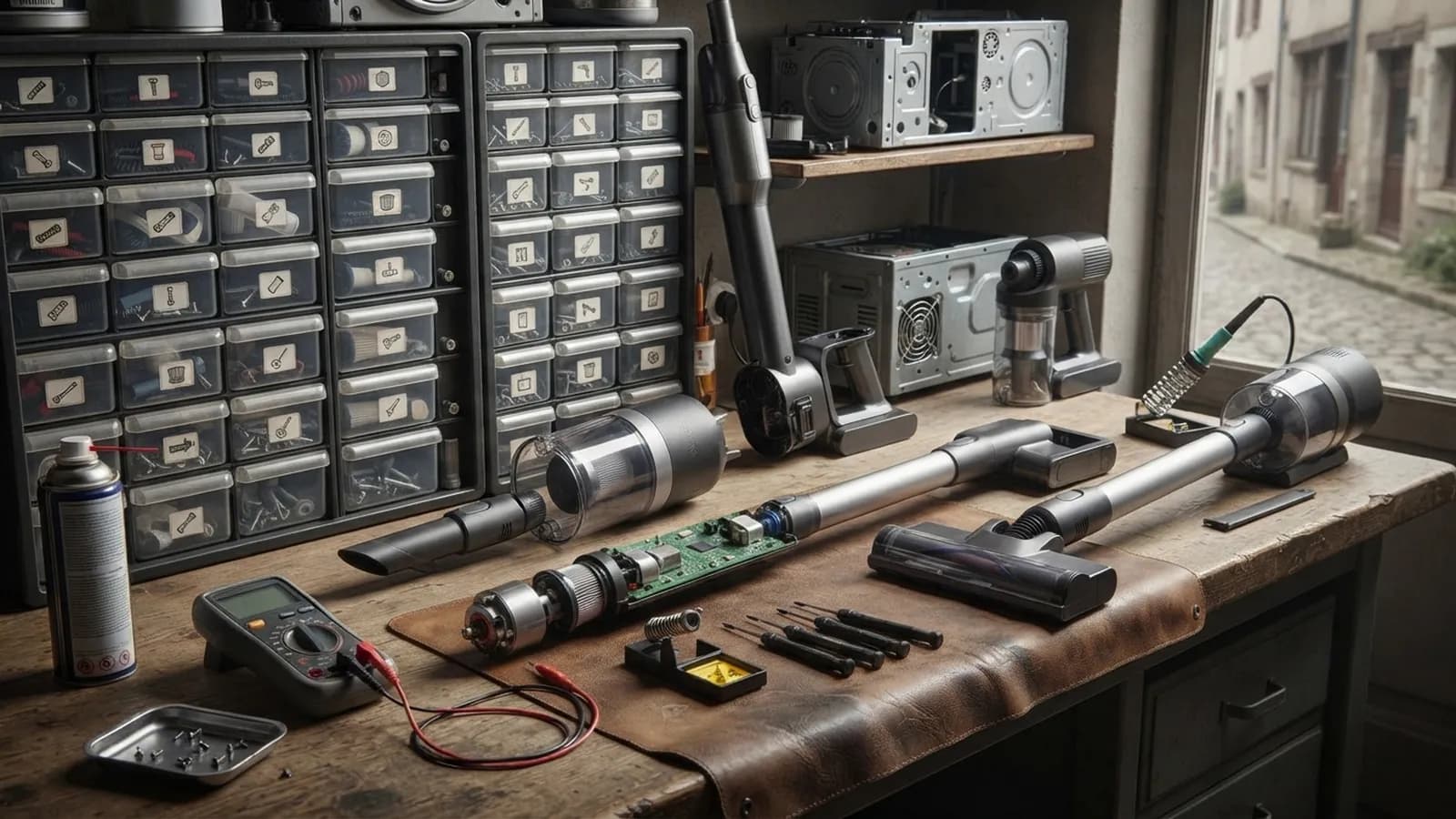 L'établi d'un réparateur avec trois balais sans fil ouverts, batteries retirées