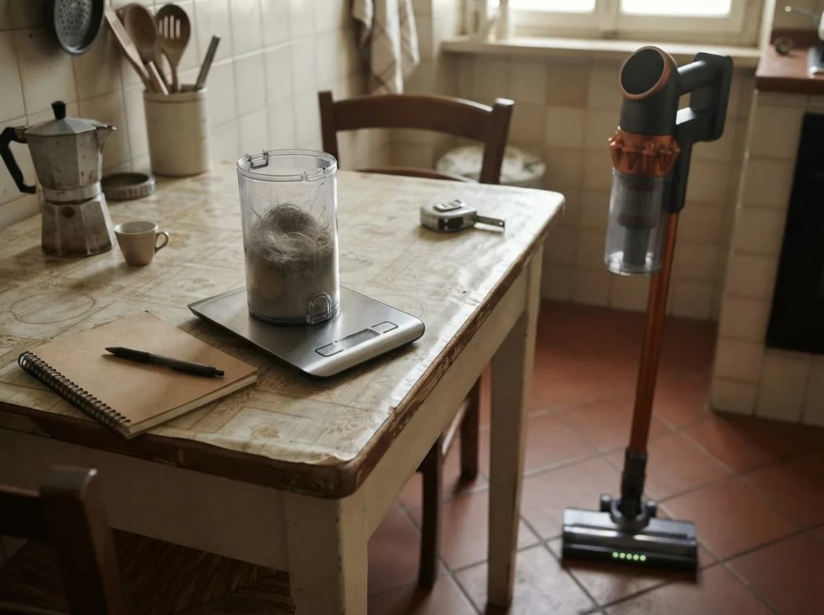 Sul tavolo di una cucina un contenitore trasparente pieno di polvere, peli e capelli lunghi su una bilancia da cucina, accanto un quaderno, una penna, un metro e una moka, e la Scopa elettrica Vekto V18 in piedi da sola sul pavimento in cotto
