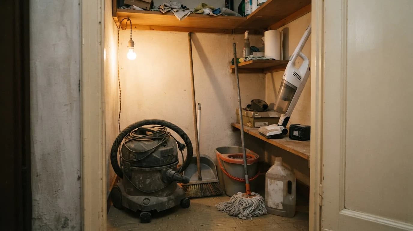 Un ripostiglio con un vecchio aspirapolvere a traino con tubo e cavo arrotolati, scopa e paletta, un secchio con il mocio e una scopa elettrica bianca appoggiata sullo scaffale
