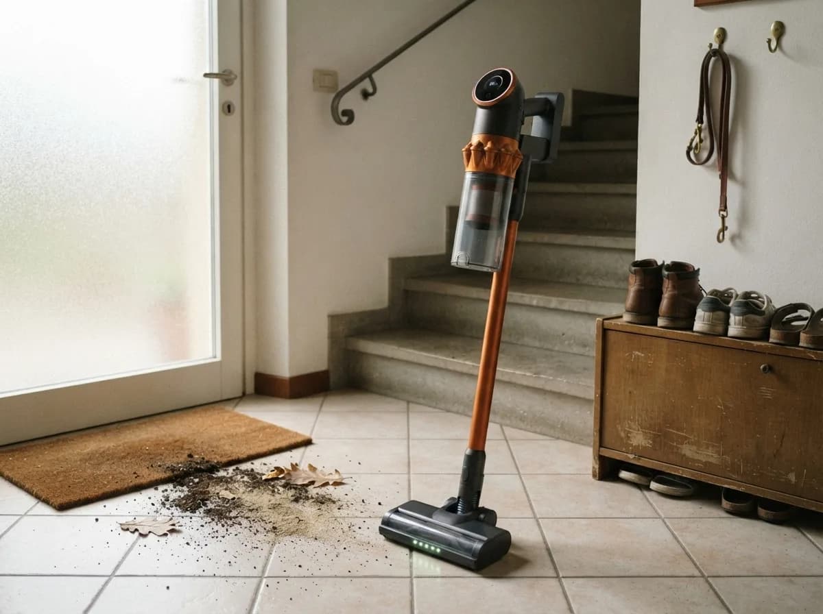 La Scopa elettrica Vekto V18 in piedi su un pavimento in gres all'ingresso, con terriccio, sabbia e foglie secche sparse davanti allo zerbino, scarpe sulla scarpiera, un guinzaglio appeso e una scala in pietra sullo sfondo