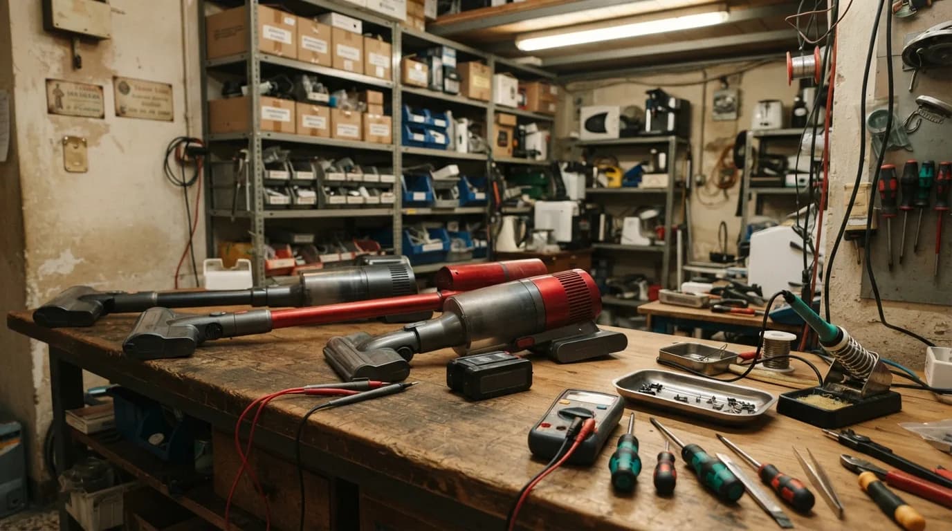 Il banco di un piccolo centro assistenza elettrodomestici con tre scope elettriche smontate, le batterie tolte, un tester, cacciaviti e un saldatore