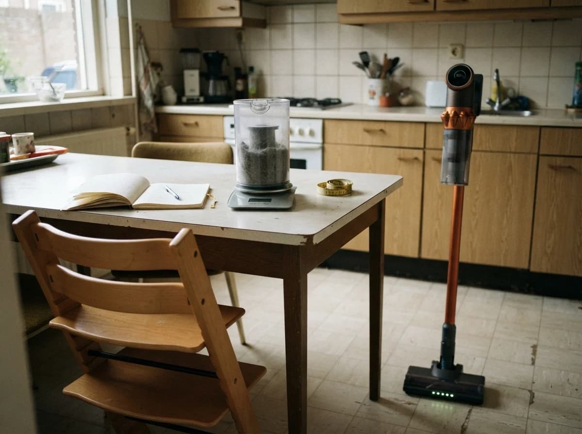 Een stofbakje met stof, hondenharen en zand op een keukenweegschaal op de keukentafel, ernaast een schrift, de Vekto V18 steelstofzuiger blijft zelf staan