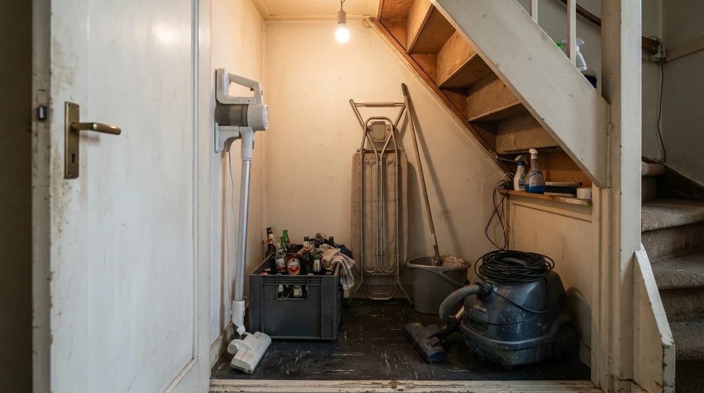 Een trapkast met een oude sledestofzuiger met opgerold snoer, een emmer, een strijkplank en een witte steelstofzuiger aan de muur zonder bakje