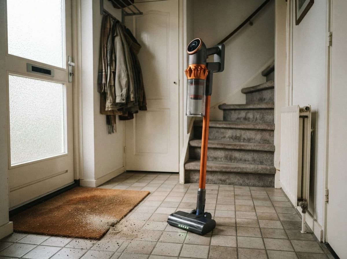 De Vekto V18 steelstofzuiger blijft zelf staan in een smalle gang met tegeltjes, zand bij de deurmat, de lampjes branden, achterin een steile trap met traploper
