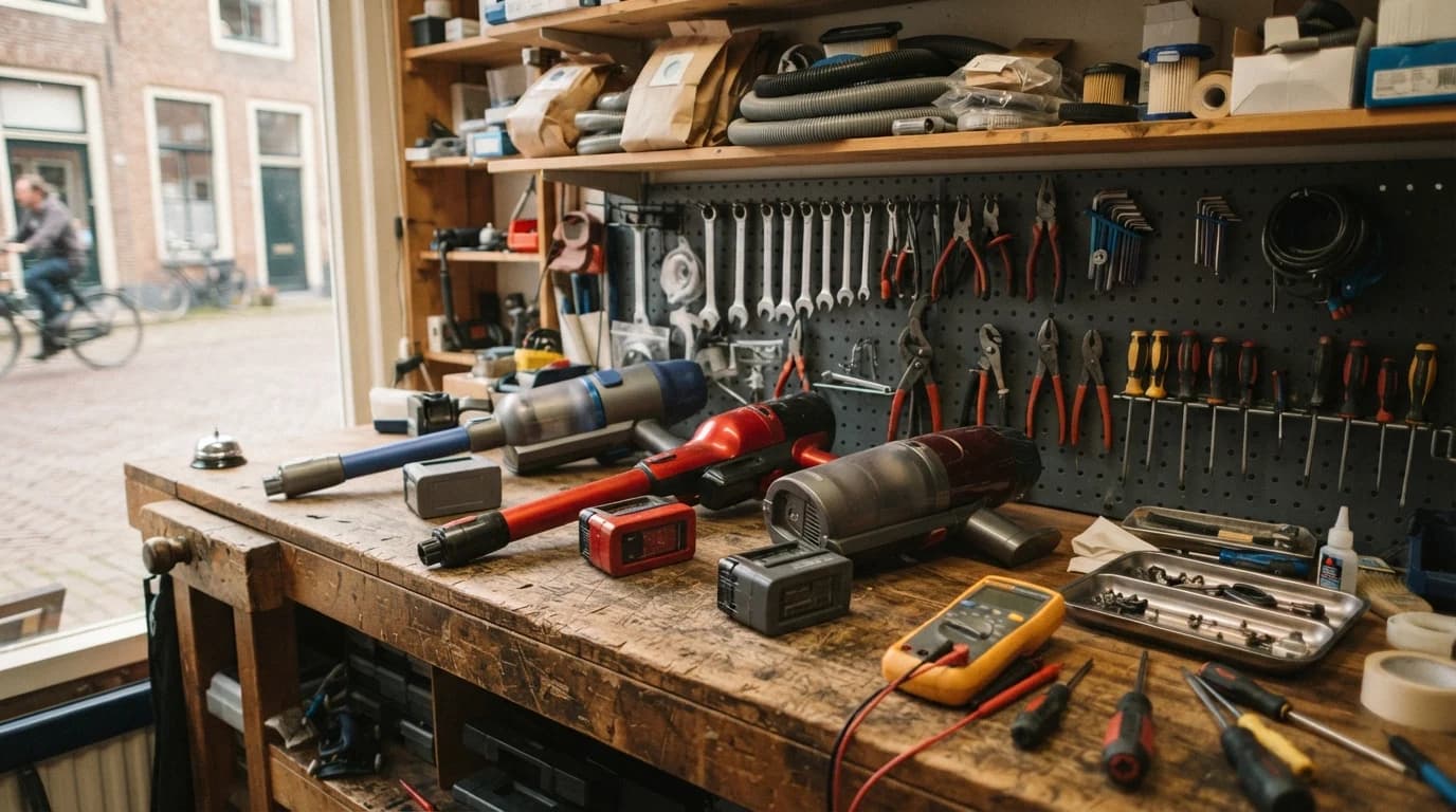 De werkbank van een kleine stofzuigerwinkel met drie steelstofzuigers waarvan de accu eruit is gehaald