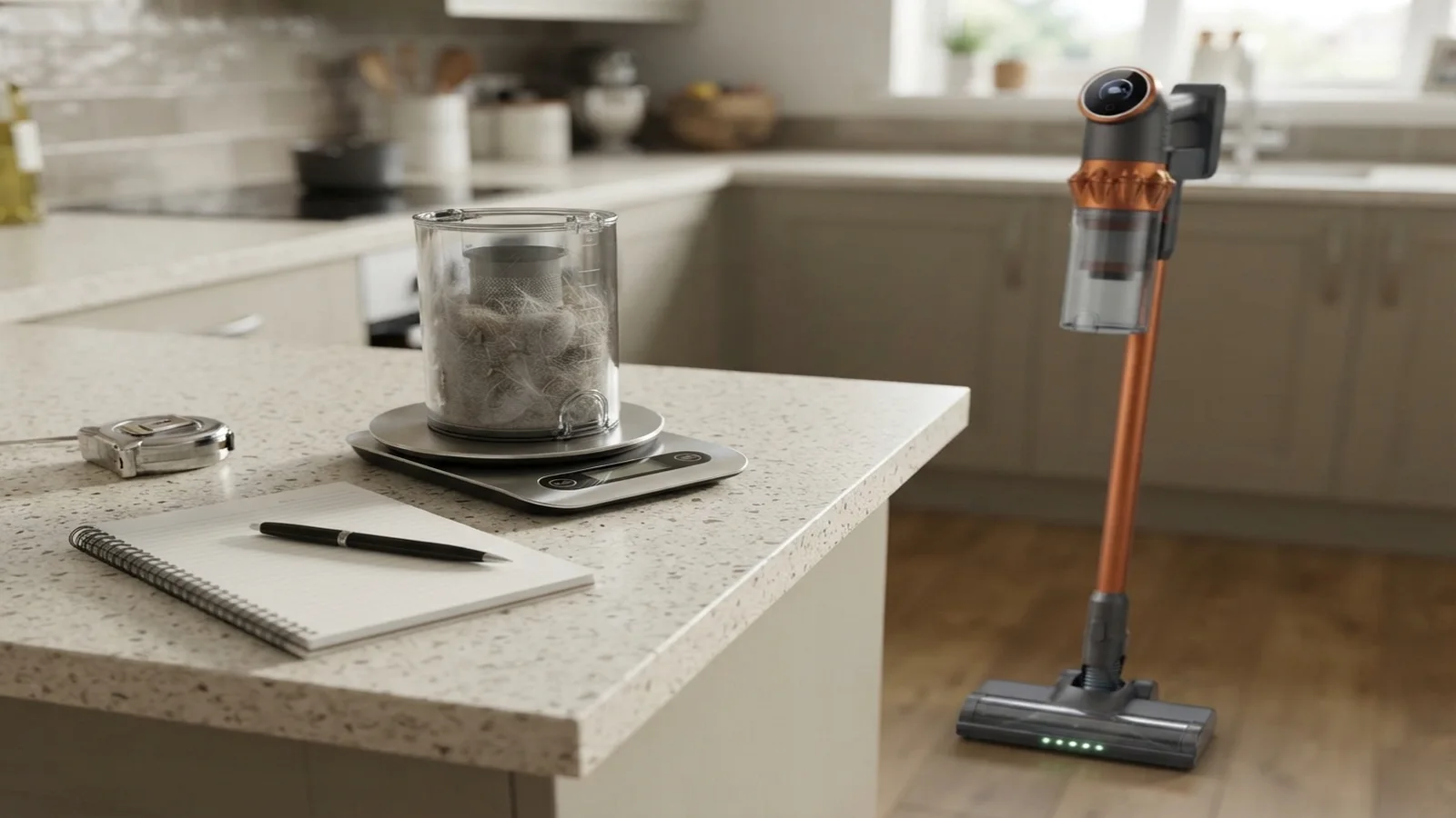 A tester kneeling on an upstairs hallway carpet weighing a vacuum dust bin on a kitchen scale, the AIRVAC V18 standing beside him