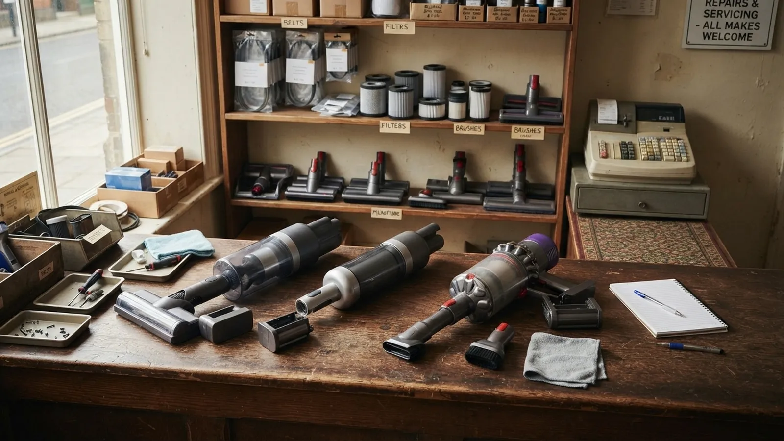The counter of a small vacuum repair shop with three cordless sticks lying with their battery packs removed