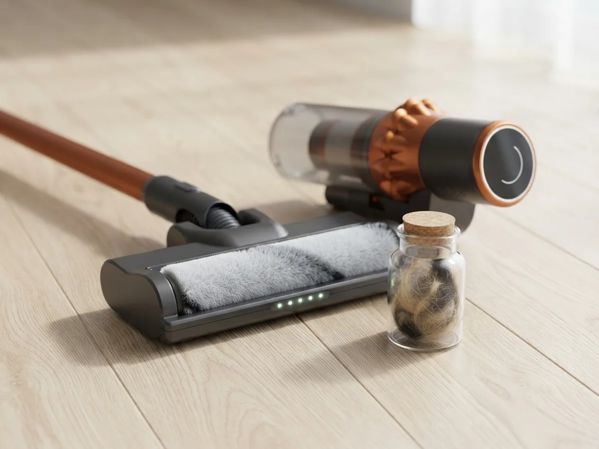 The AIRVAC floor head brush roll clean after six weeks of dog hair, with a small jar of the collected hair beside it