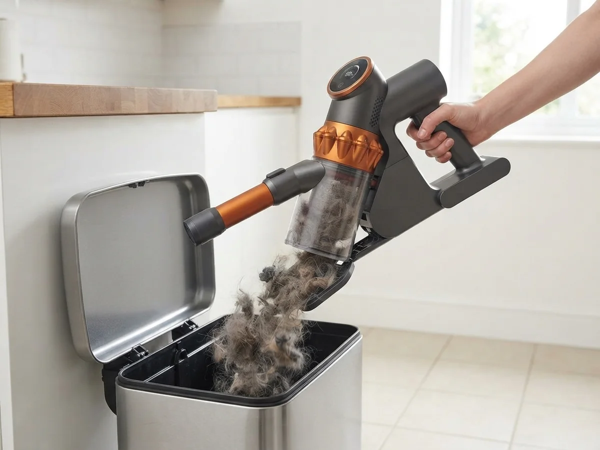 The AIRVAC V18 held over a kitchen trash can with its dust bin open and dust and hair dropping out