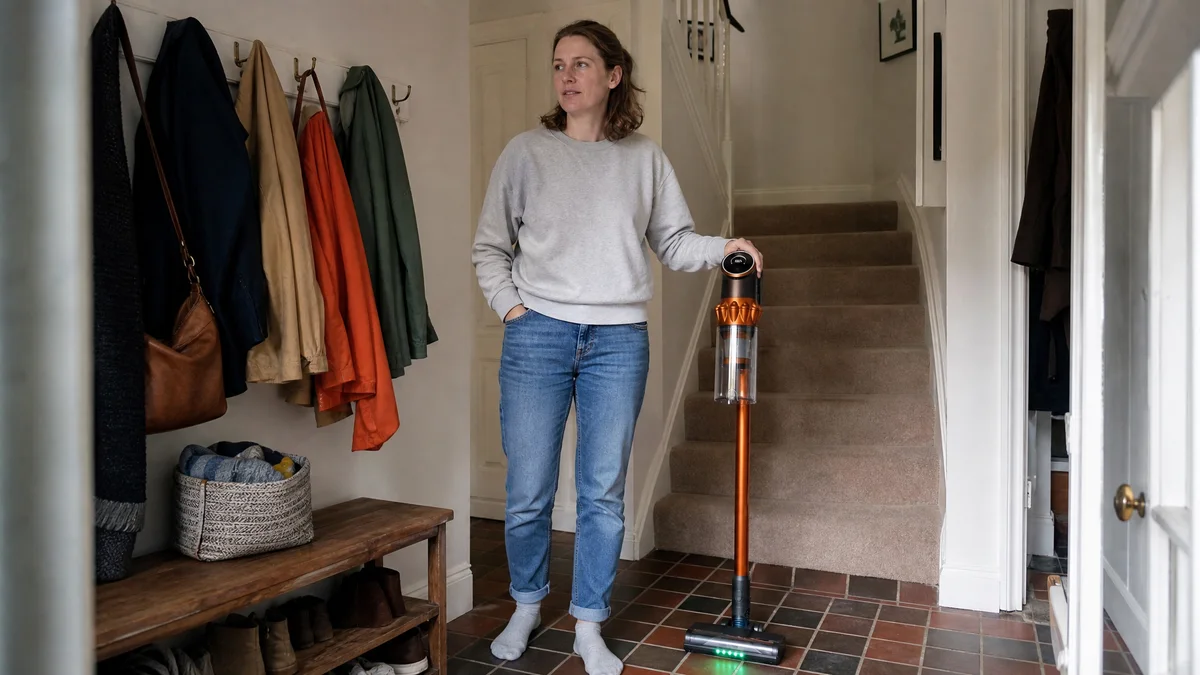 A woman walking through a bright hallway past the AIRVAC V18 standing on its own